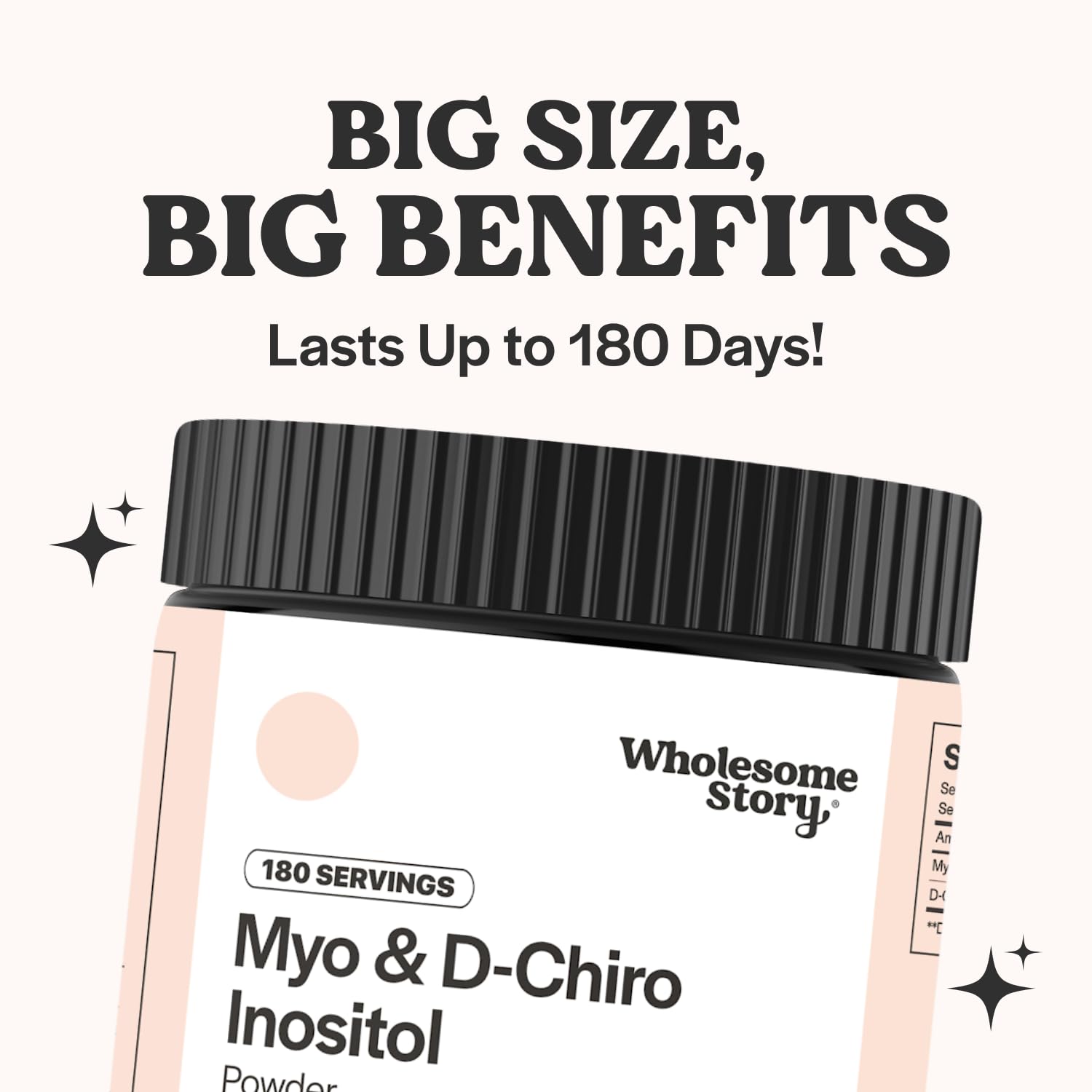 Wholesome Story Myo-Inositol D-Chiro-Inositol powder label close-up highlighting 40:1 ratio.