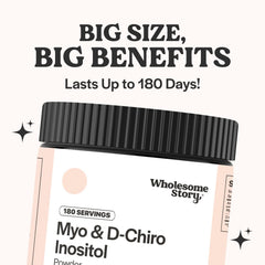 Wholesome Story Myo-Inositol D-Chiro-Inositol powder label close-up highlighting 40:1 ratio.