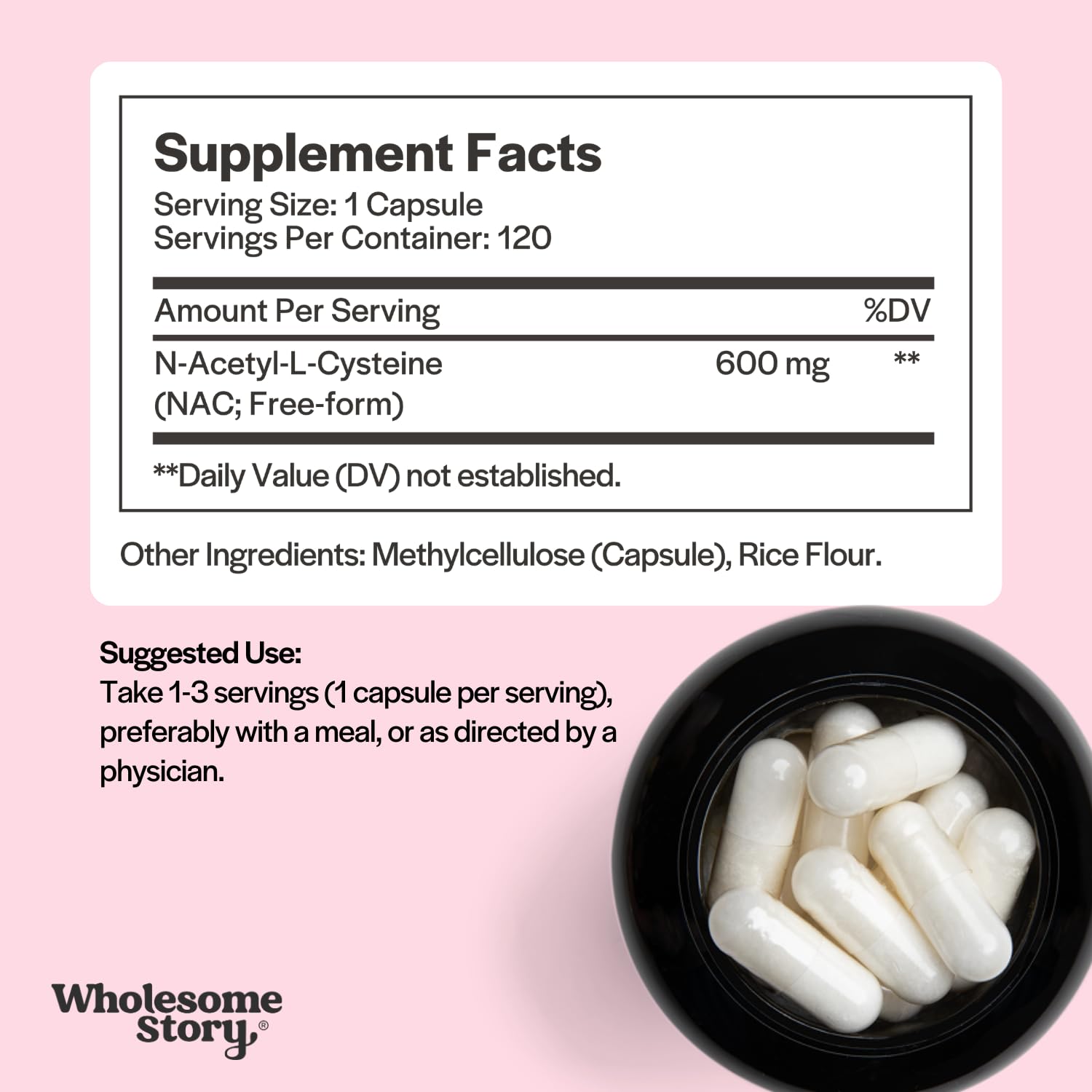 Wholesome Story NAC bottle back label close-up with usage directions and clean ingredients for daily use.