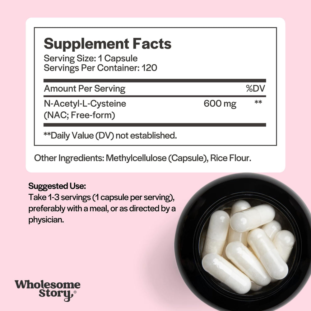 Wholesome Story NAC bottle back label close-up with usage directions and clean ingredients for daily use.
