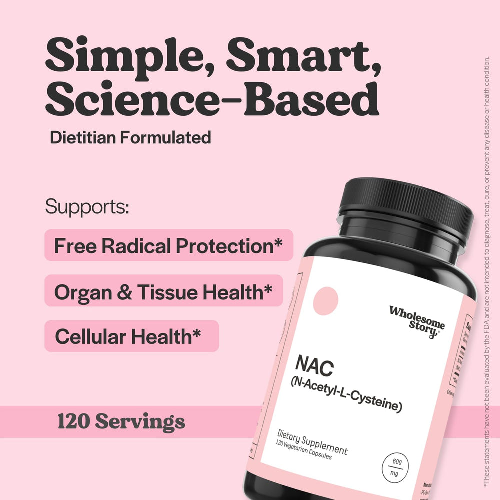Wholesome Story NAC 600mg capsules stacked for antioxidant support and daily wellness.