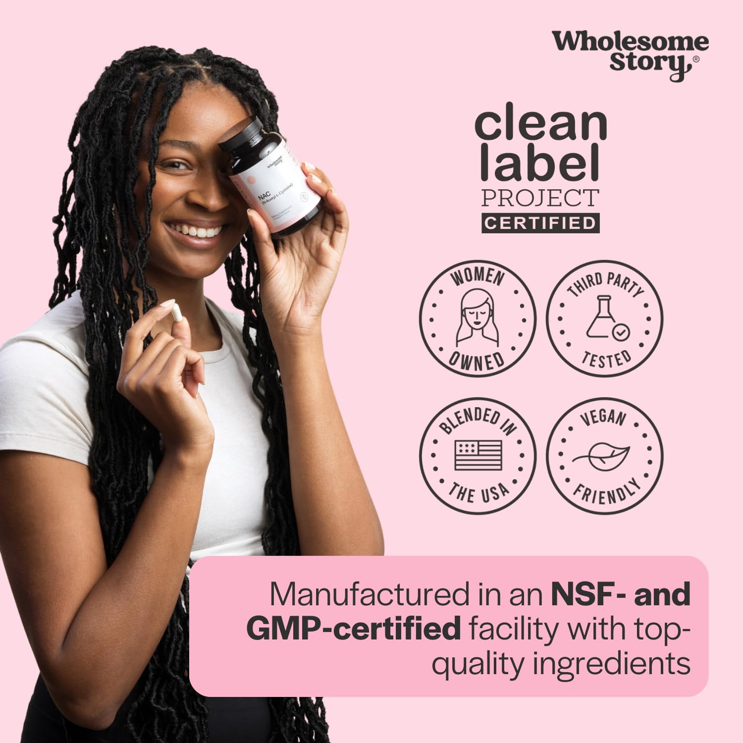 Wholesome Story NAC packaging side view displaying Clean Label Project certification for transparency.
