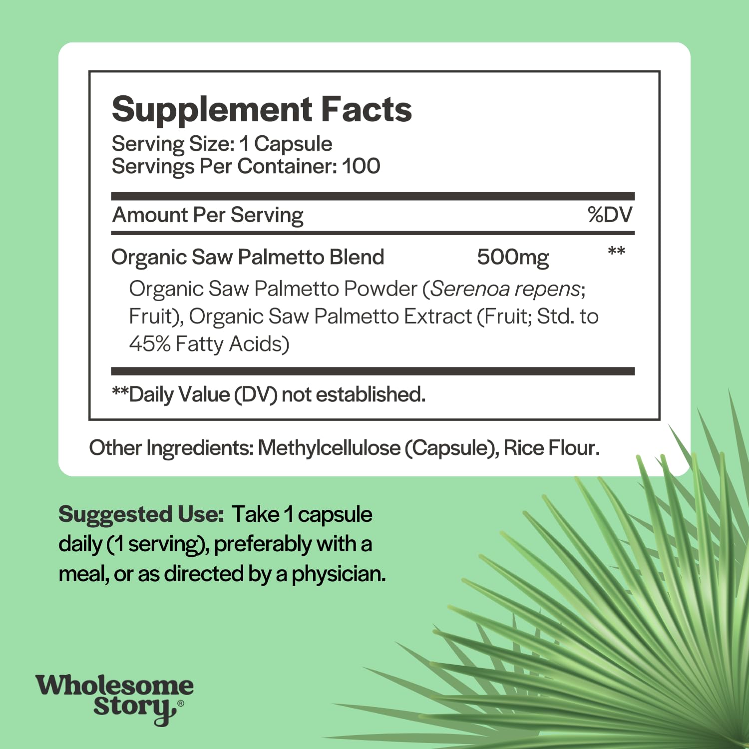 Wholesome Story Saw Palmetto capsules in bottle for daily intake