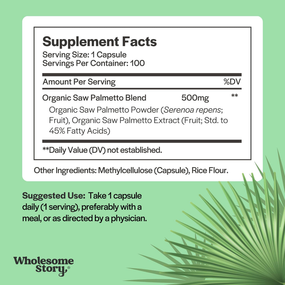 Wholesome Story Saw Palmetto capsules in bottle for daily intake