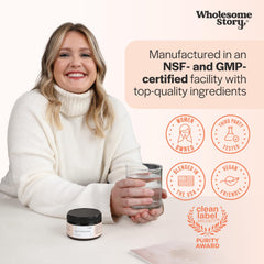 Wholesome Story vegan-friendly inositol powder bottle on clean-label backdrop.