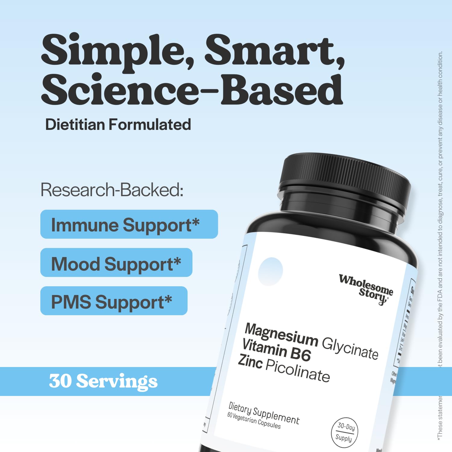 Wholesome Story zinc-picolinate magnesium capsules close-up highlights mood and PMS support.