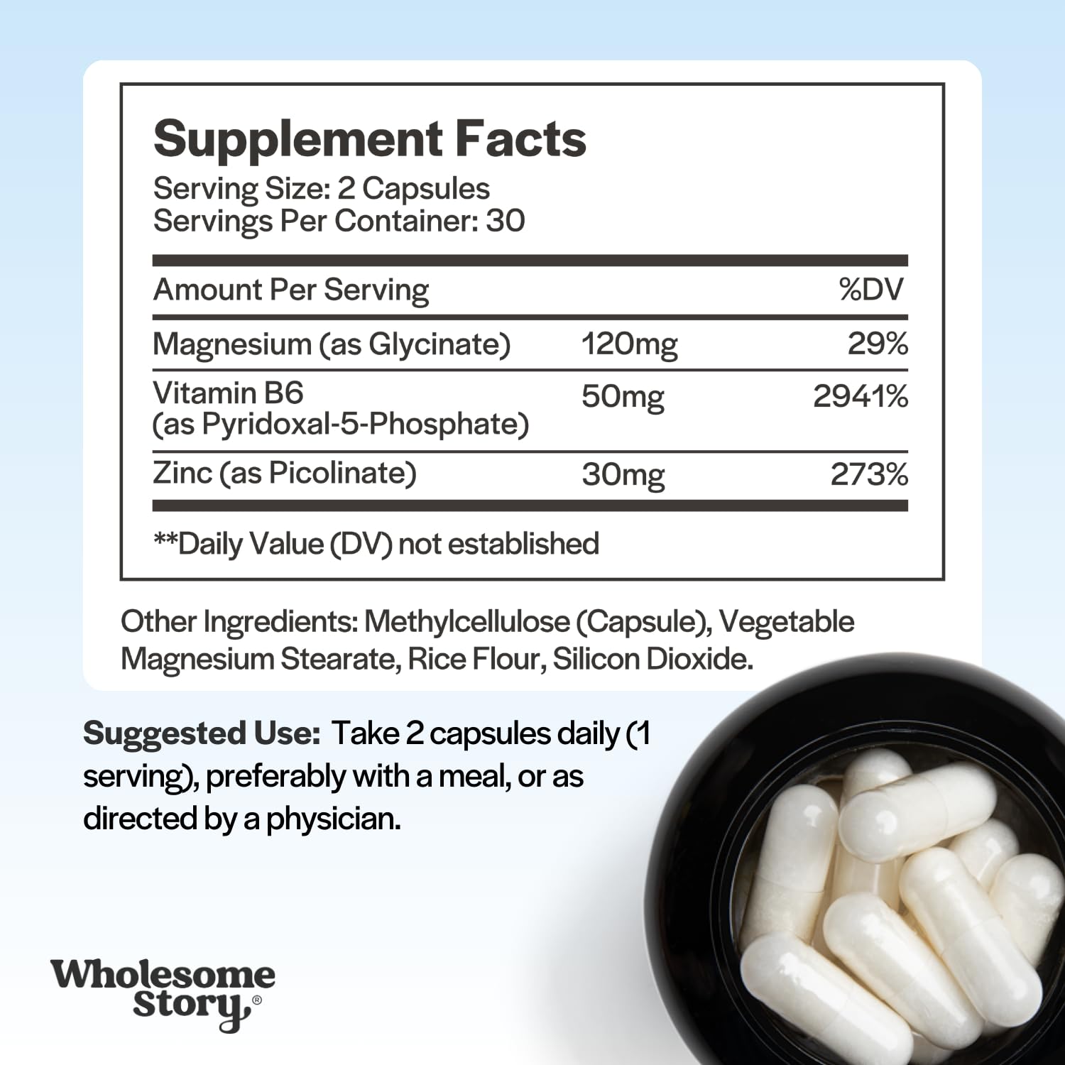 Wholesome Story zinc-picolinate magnesium label shows vegan, clean-label ingredients for daily wellness.