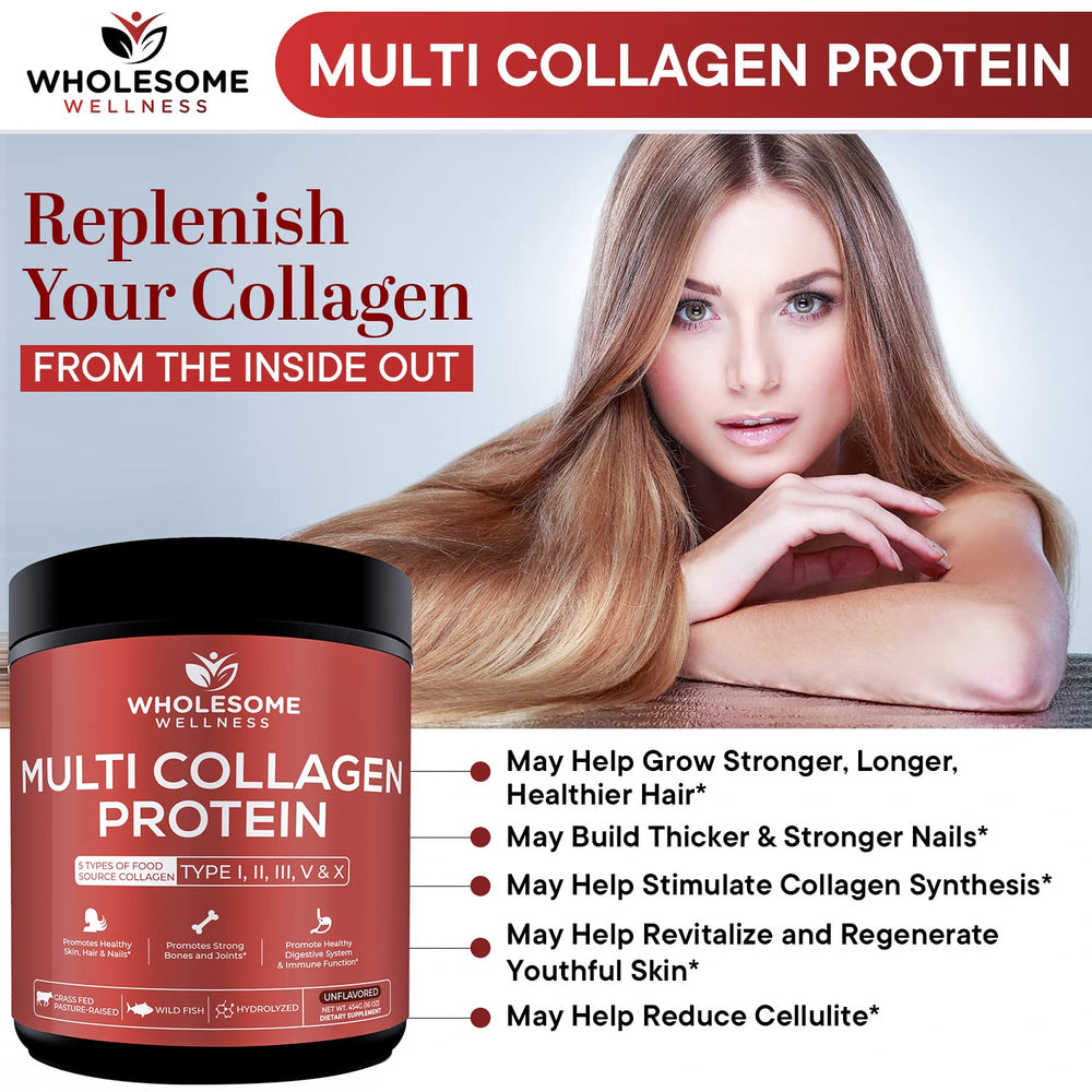 Wholesome Wellness collagen powder being poured into coffee for a morning boost.