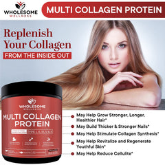 Wholesome Wellness collagen powder being poured into coffee for a morning boost.