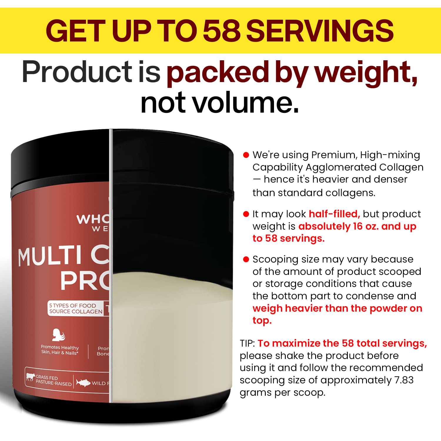 Wholesome Wellness collagen powder scoop over a smoothie for daily use.