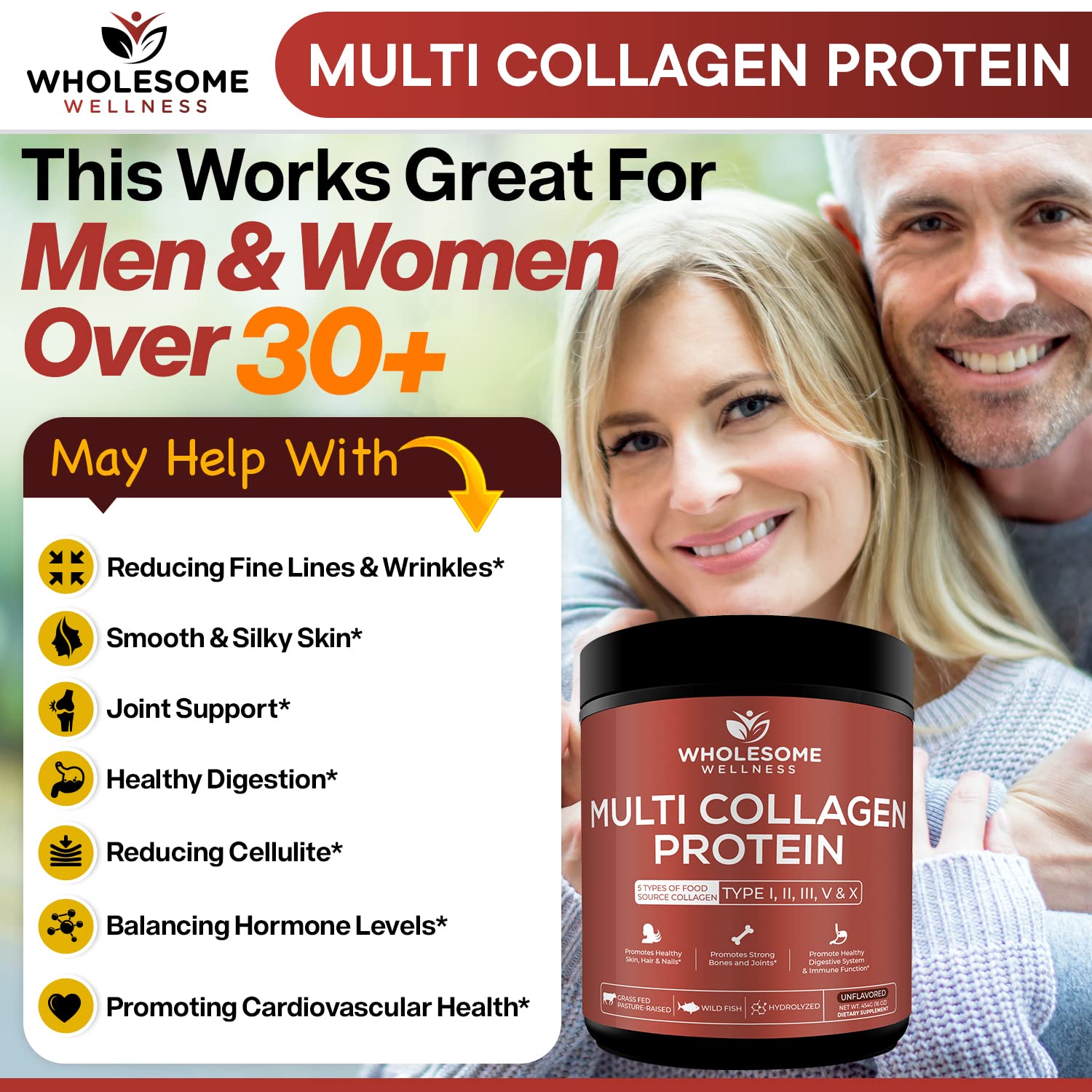 Wholesome Wellness collagen powder stirred into a smoothie.