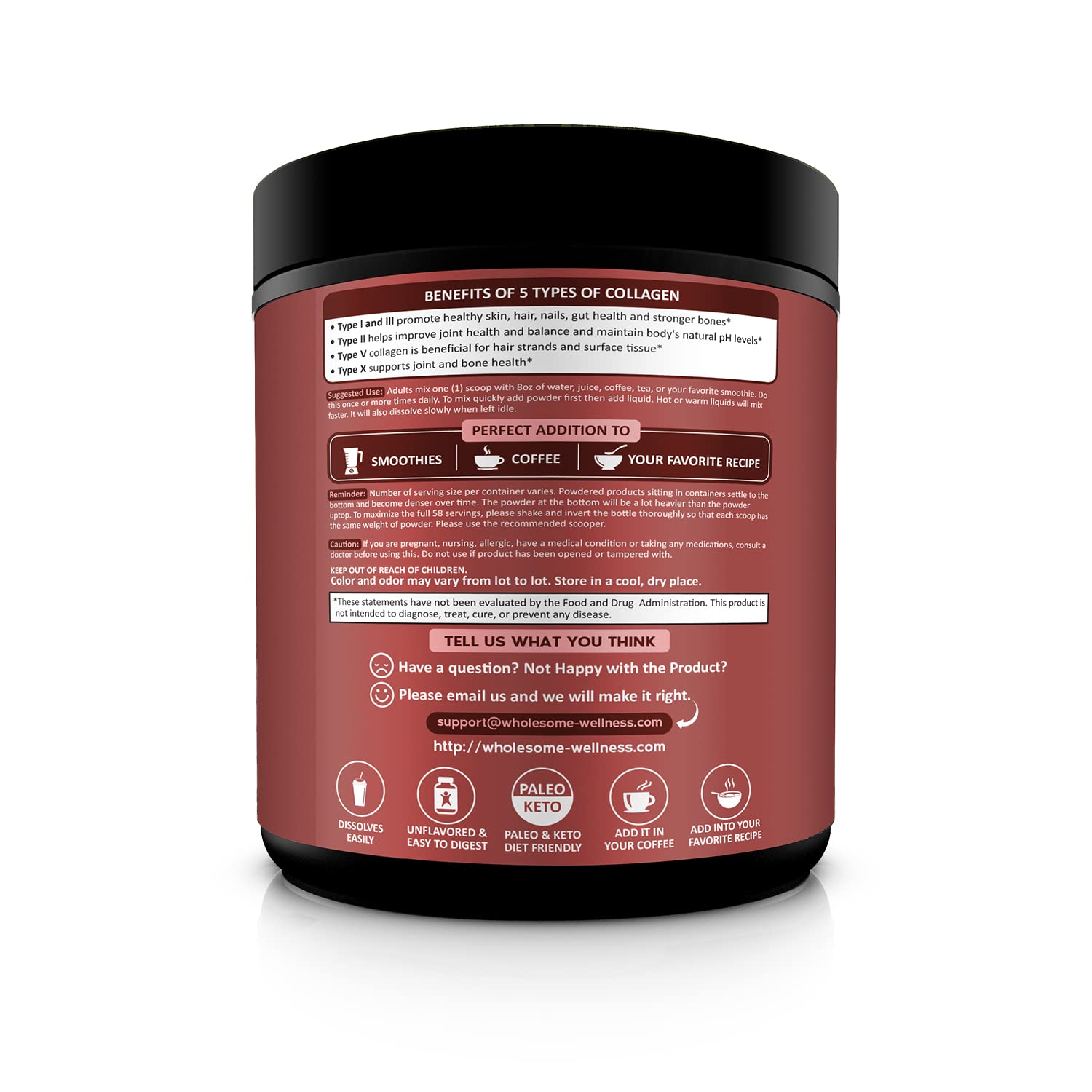 Unopened Wholesome Wellness collagen tub on a kitchen counter.
