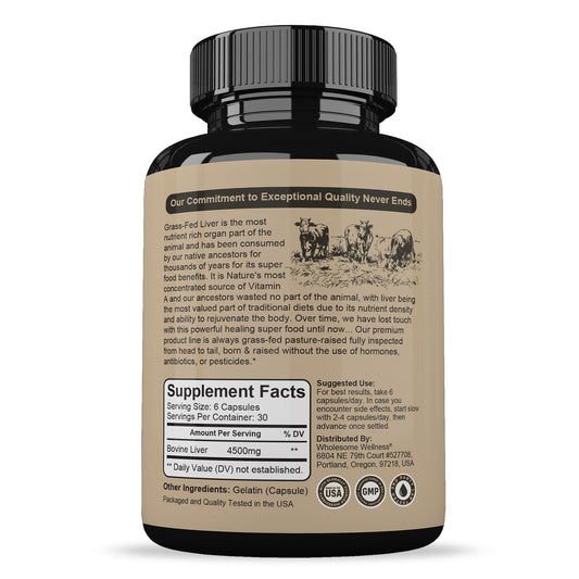 Wholesome Wellness desiccated liver capsules close-up, odorless and easy to swallow