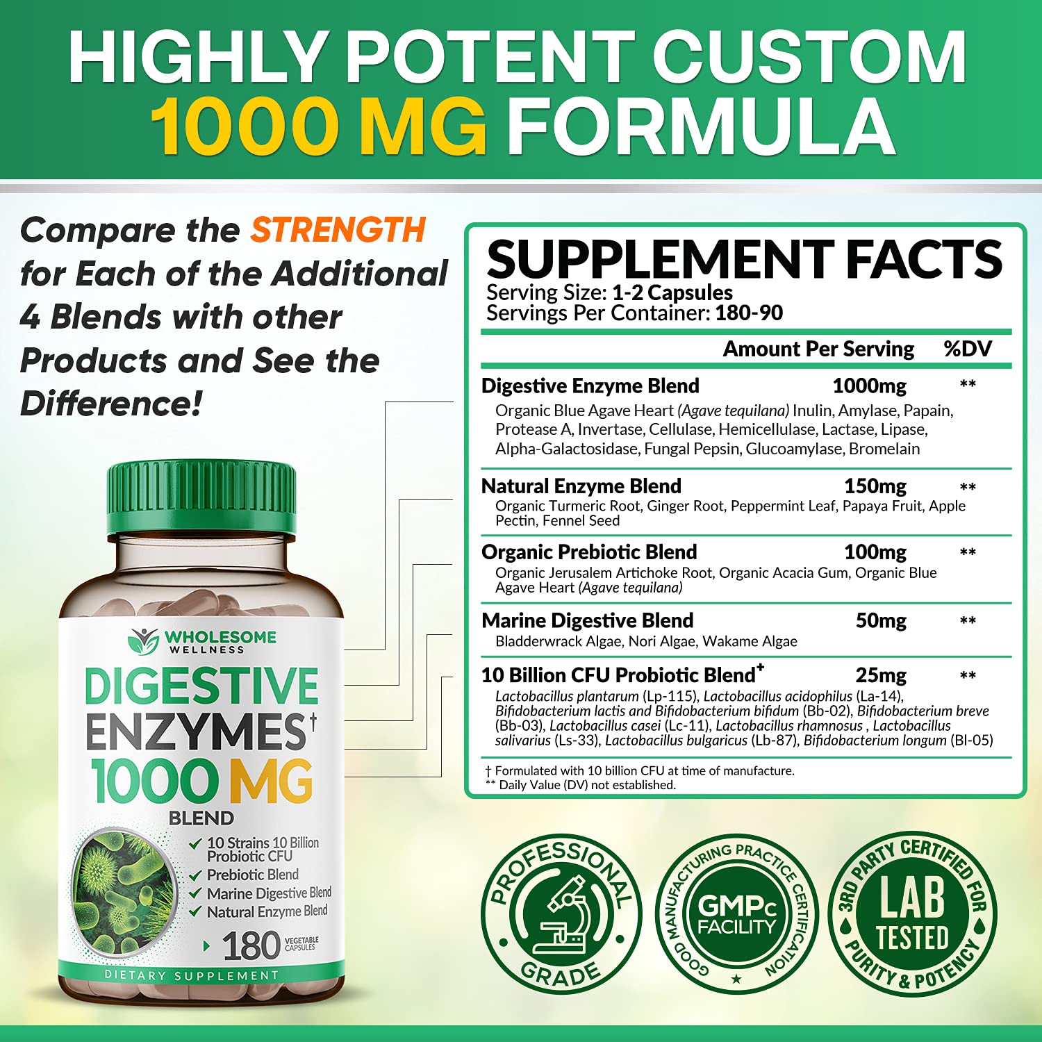Wholesome Wellness Digestive Enzymes probiotic strains visible for gut balance.