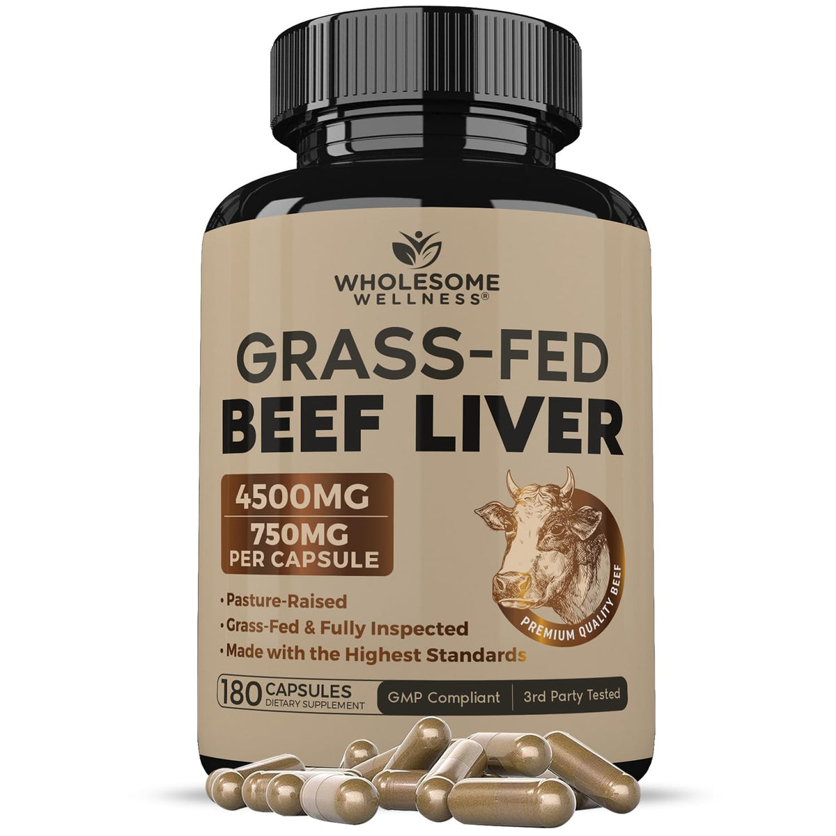 Wholesome Wellness grass-fed liver bottle with label, supports natural energy and whole-food nutrition