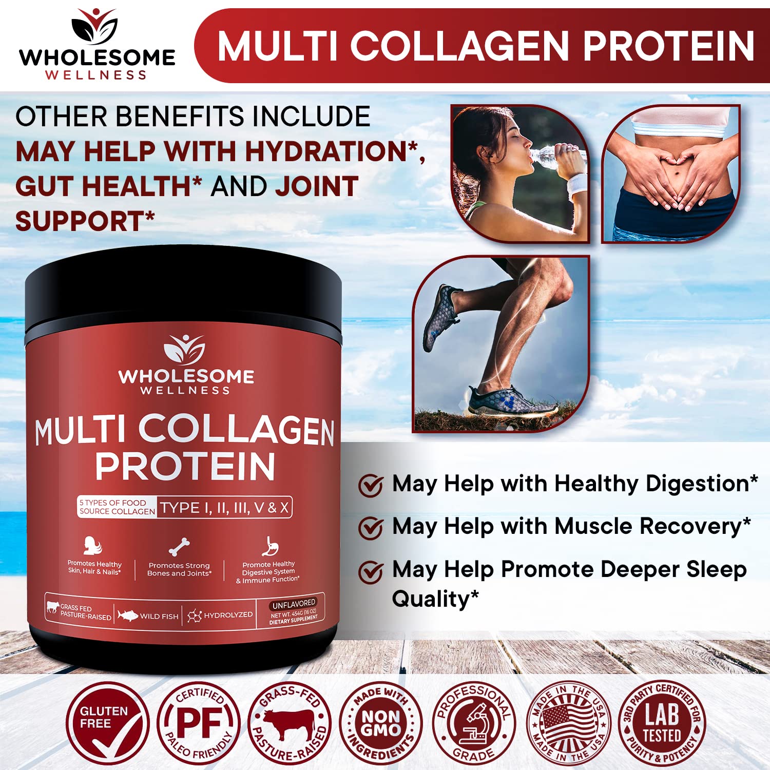 Wholesome Wellness label shows grass-fed, non-GMO, five collagen types.