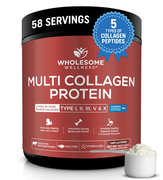 Wholesome Wellness multi-collagen powder jar for daily skin and joint support.