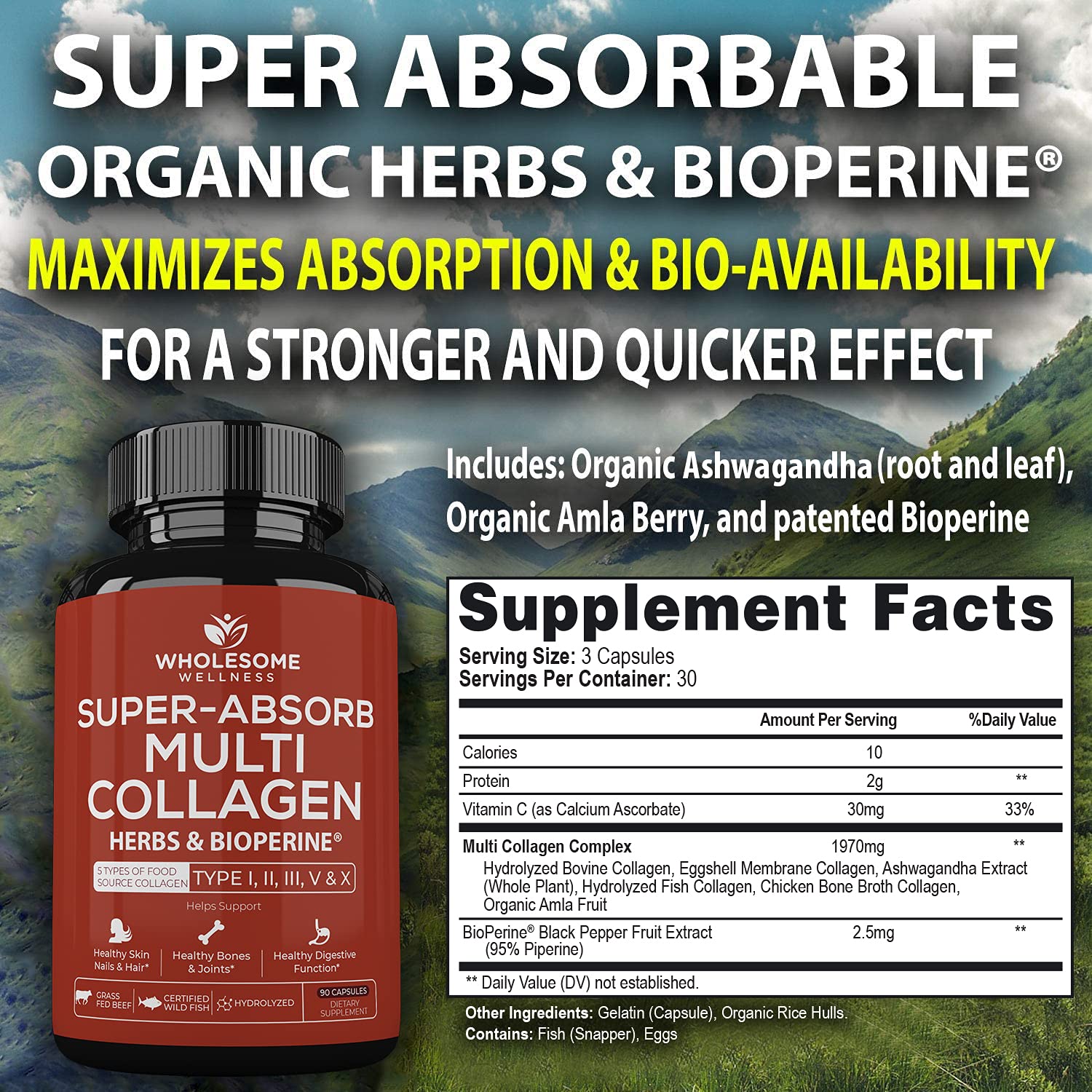 Wholesome Wellness Super-Absorb capsules close-up highlight hydrolyzed collagen.