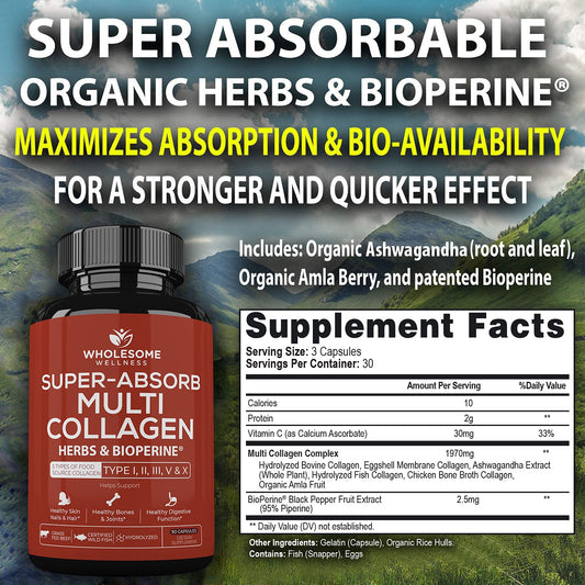 Wholesome Wellness Super-Absorb capsules close-up highlight hydrolyzed collagen.