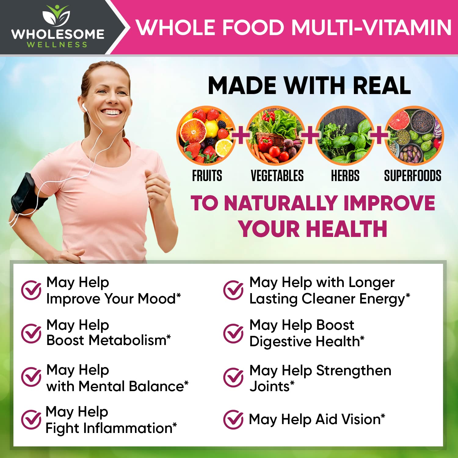 Wholesome Wellness ingredients chart displays antioxidants, minerals, and greens