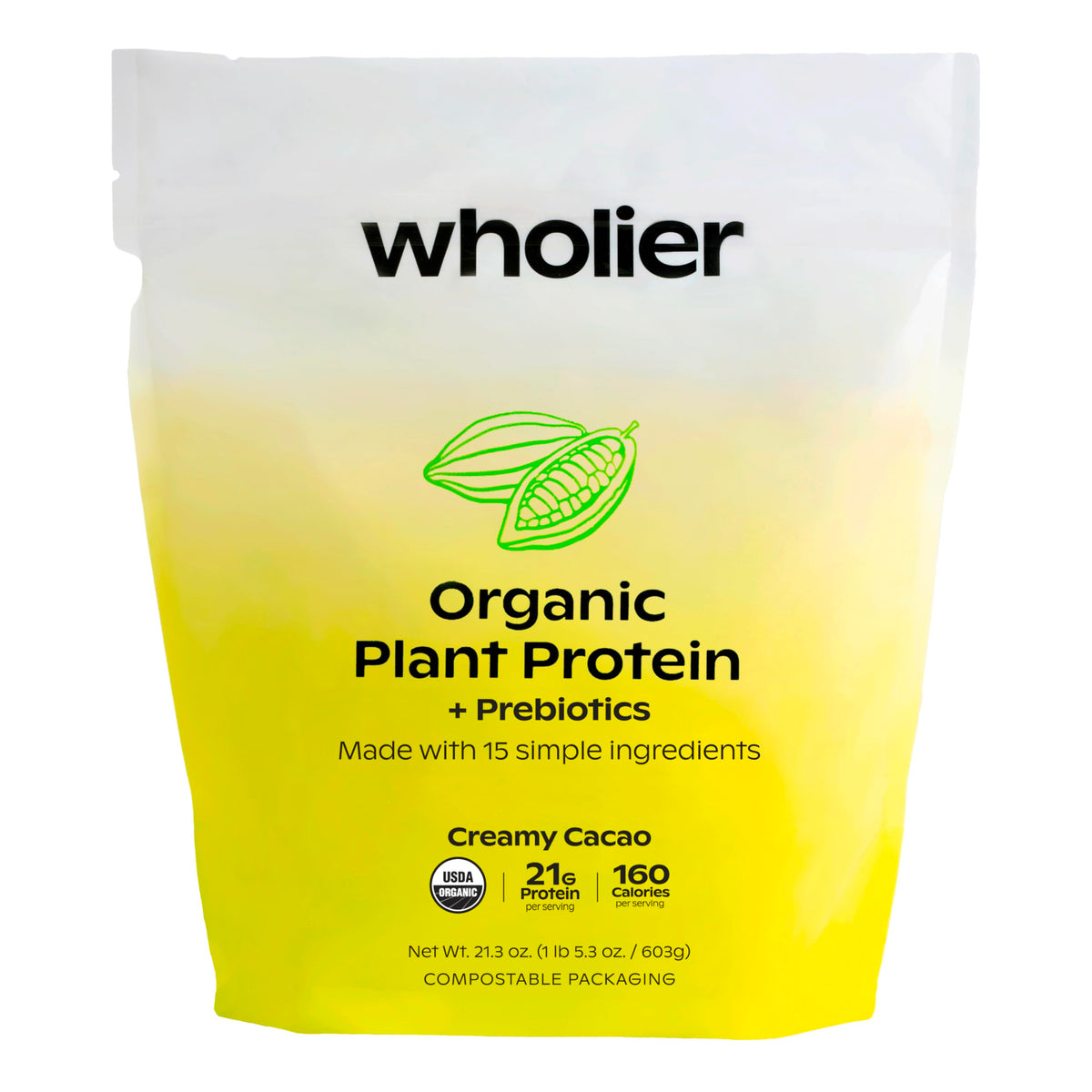 Wholier creamy cacao organic plant protein powder in a jar for creamy shakes