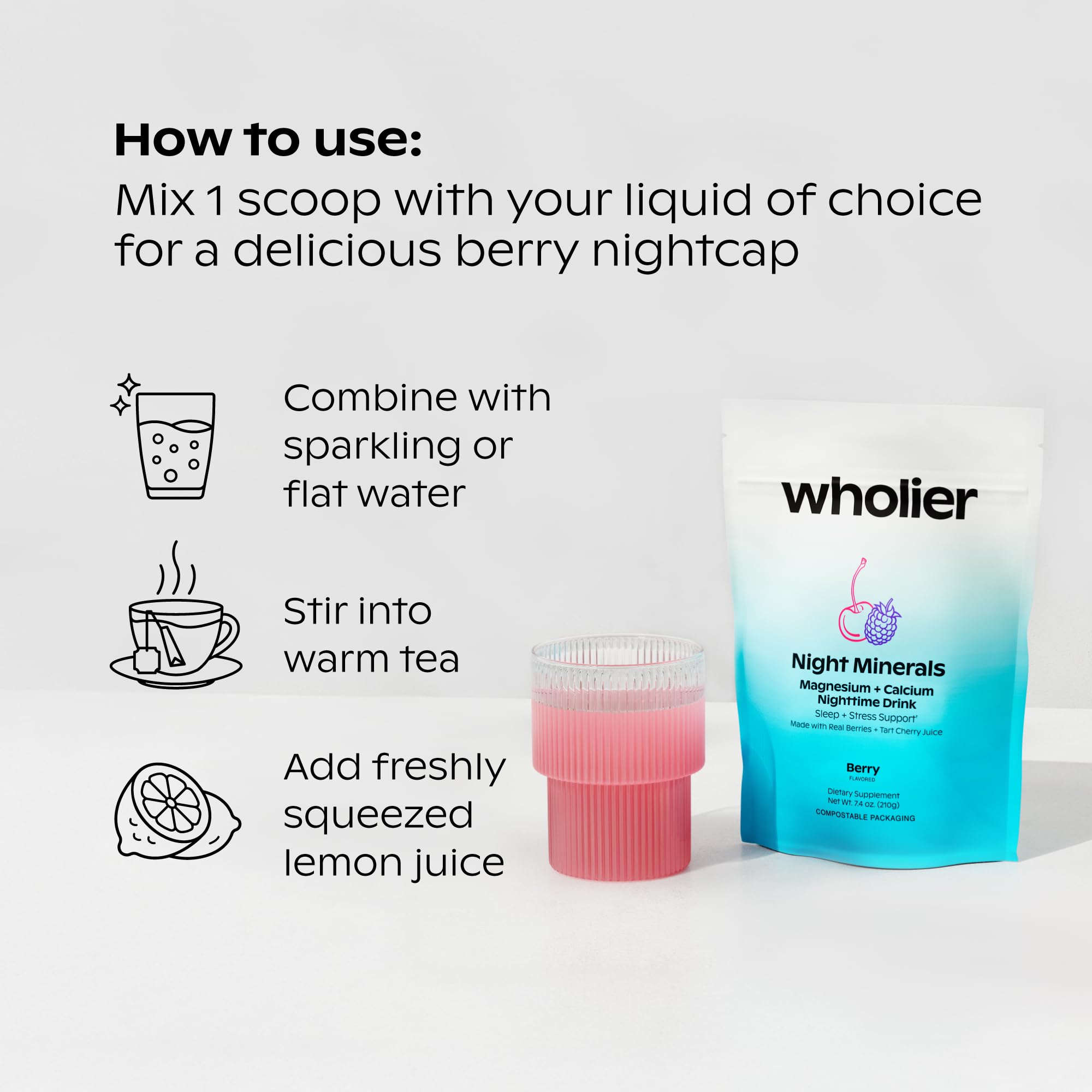 Wholier Night Minerals ingredients featuring berries support natural antioxidants.