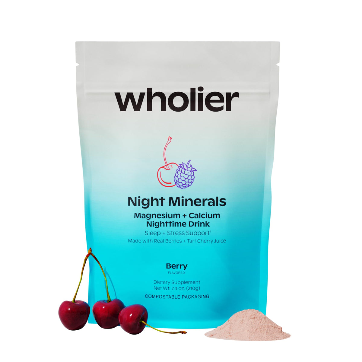 Wholier Night Minerals bottle front promoting calm and relaxation at night.
