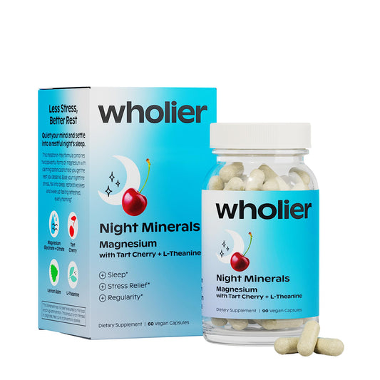 Wholier Night Minerals bottle front shows natural sleep support label.