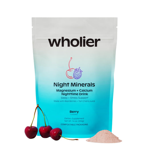 Wholier Night Minerals bottle front promoting calm and relaxation at night.