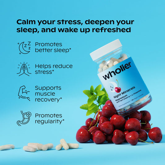 Wholier Night Minerals ingredients panel highlights magnesium and botanicals.
