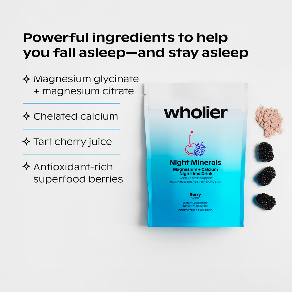 Wholier Night Minerals poured into a glass for a gentle wind-down.