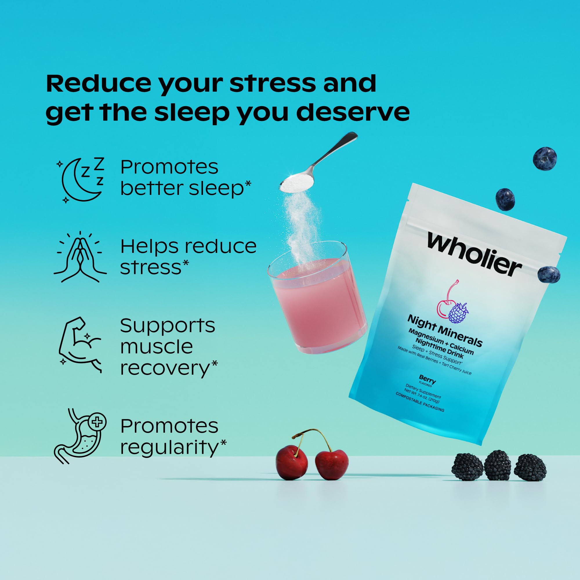 Wholier Night Minerals scoop ready to mix into a bedtime drink.
