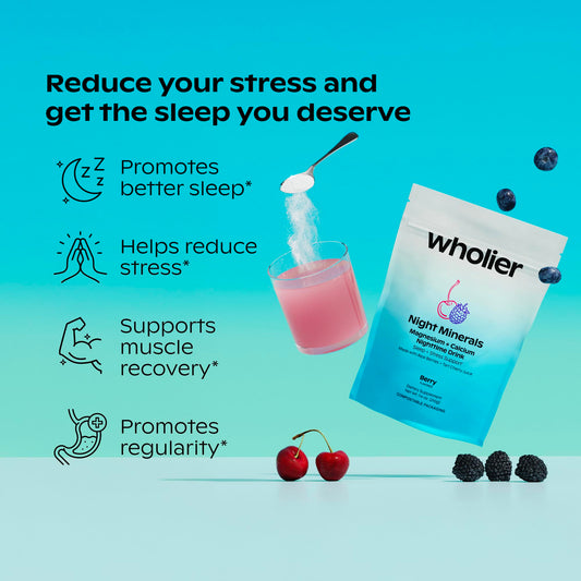 Wholier Night Minerals scoop ready to mix into a bedtime drink.