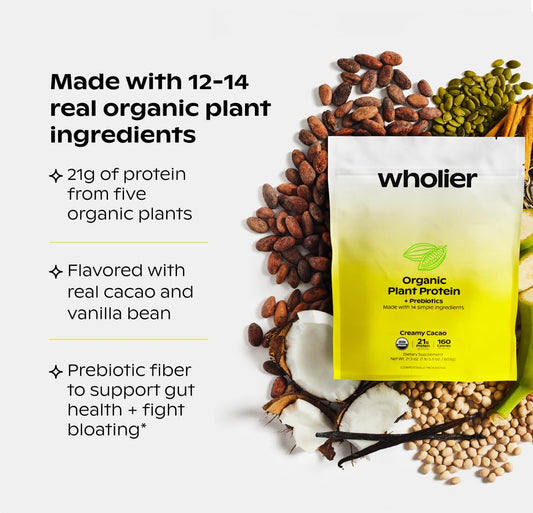 Wholier Organic Plant Protein powder scoop ready for smoothies