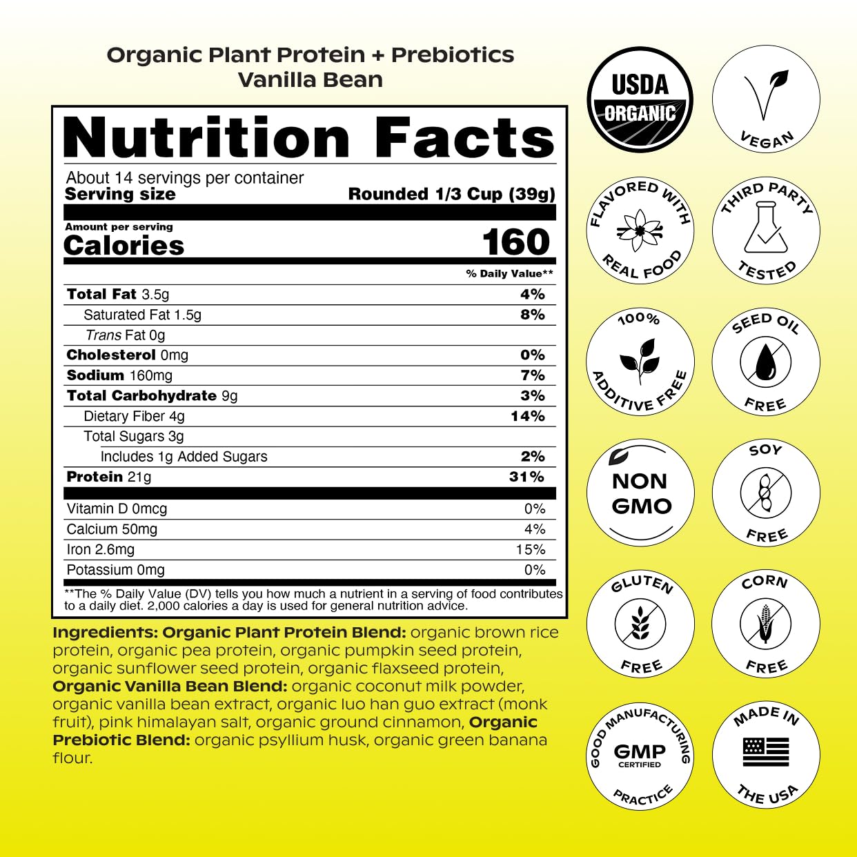 Wholier Organic Plant Protein tub front label highlights 21g protein