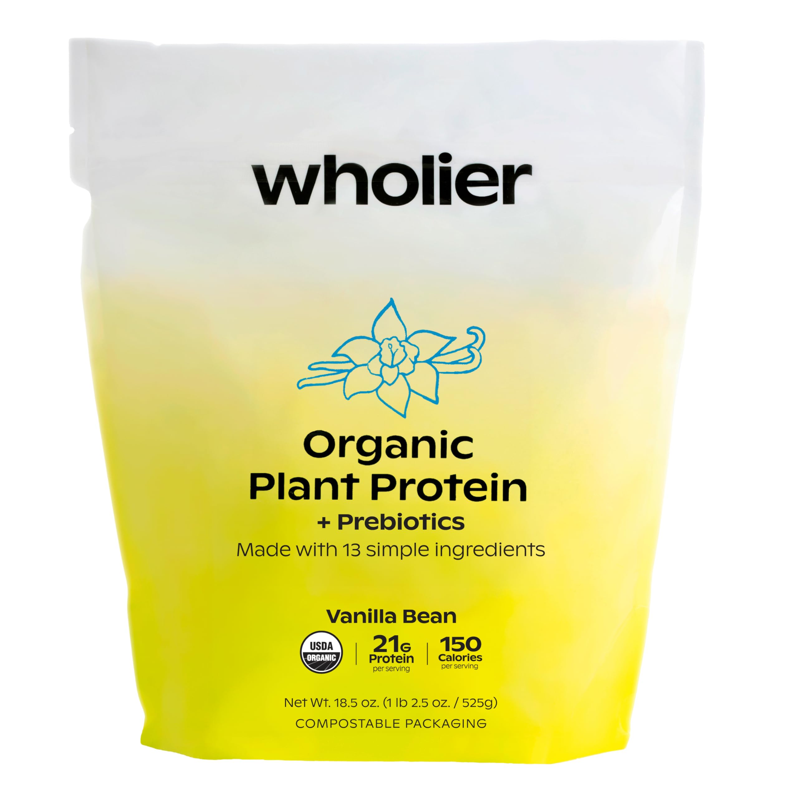 Wholier Organic Plant Protein Vanilla Bean tub for everyday shakes