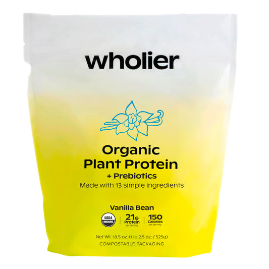 Wholier Organic Plant Protein Vanilla Bean tub for everyday shakes