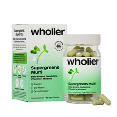 Wholier Supergreens Multi bottle shown in premium packaging for daily wellness ritual