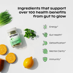 Wholier Supergreens Multi capsules close-up highlighting easy two-capsule daily intake