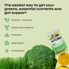 Wholier Supergreens Multi label details nine vitamins and organic microgreens