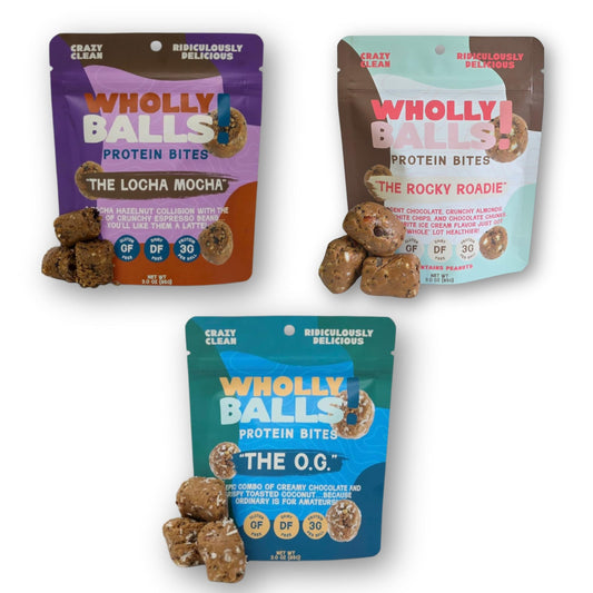 Wholly Balls Protein Bites chocolate pack close-up showing texture for a satisfying snack.