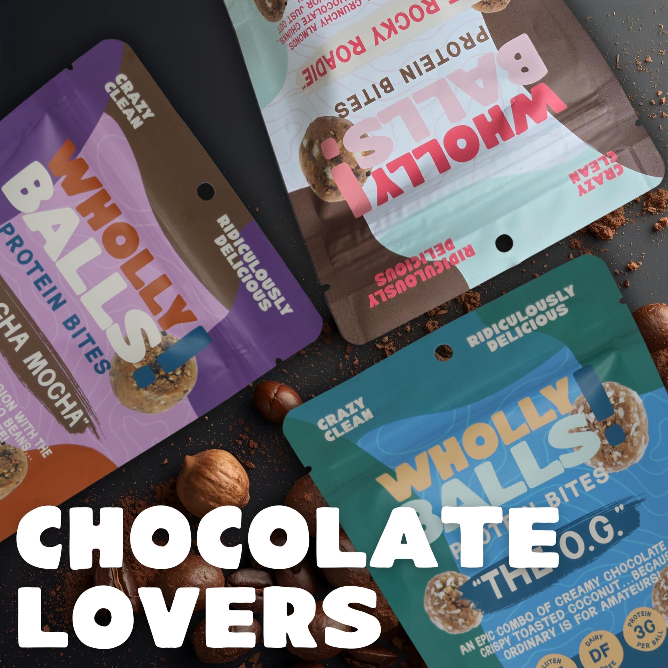 Wholly Balls Protein Bites close-up with chocolate chips for indulgent flavor.