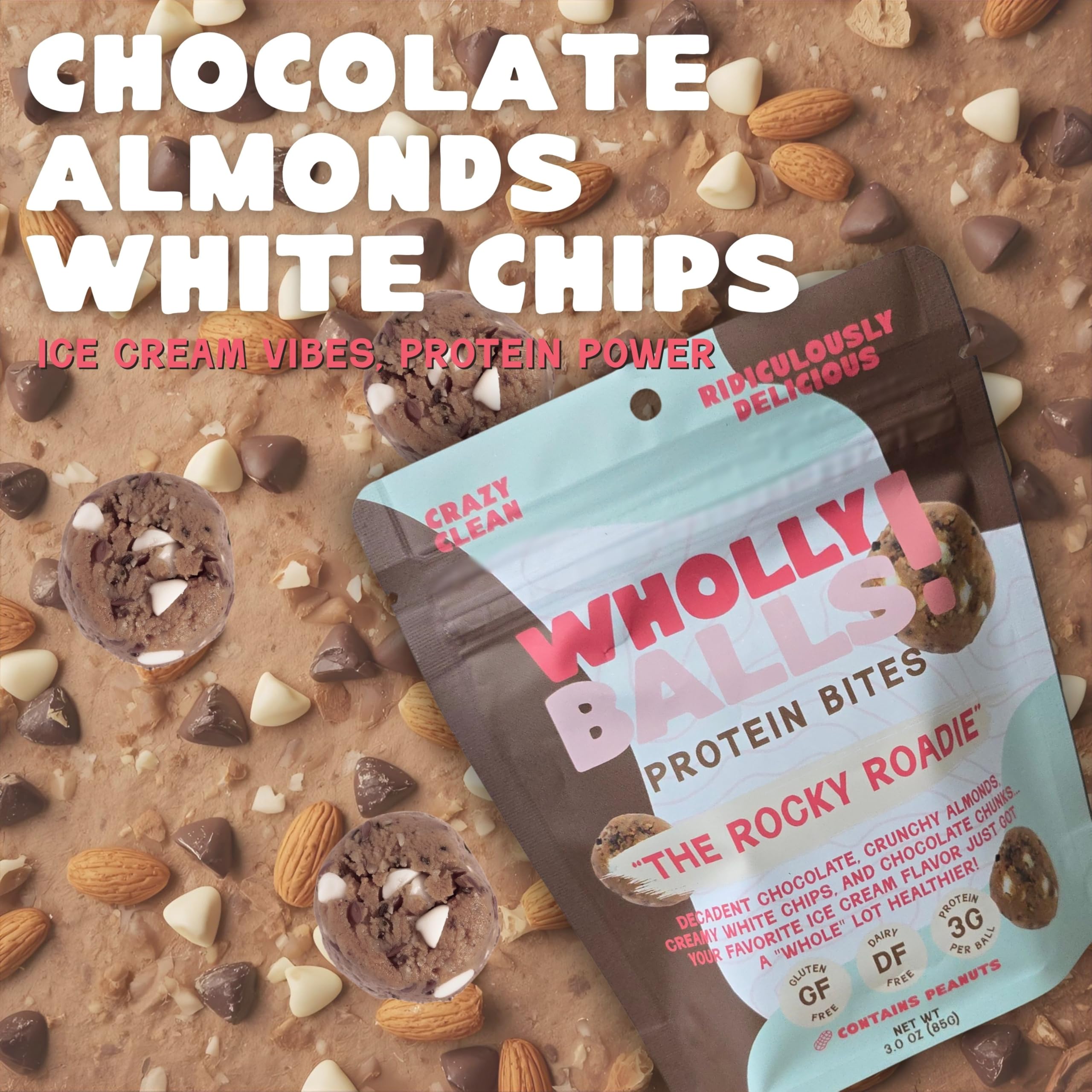 Wholly Balls Protein Bites ingredient list highlights plant-based protein.