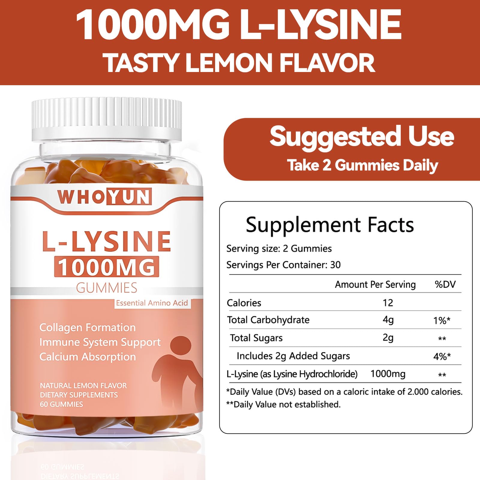 Whoyun L-Lysine gummies serving with two gummies, potentially supporting immune health