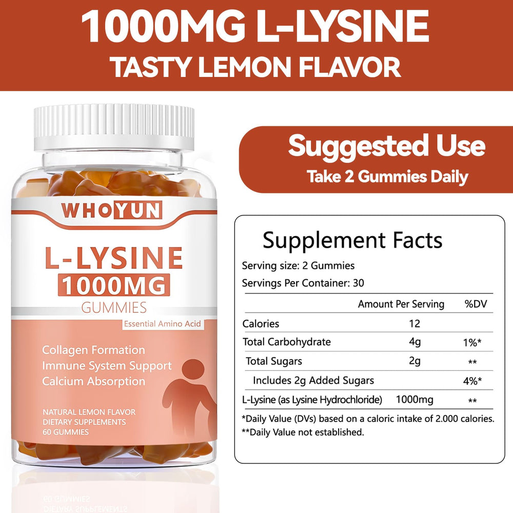Whoyun L-Lysine gummies serving with two gummies, potentially supporting immune health