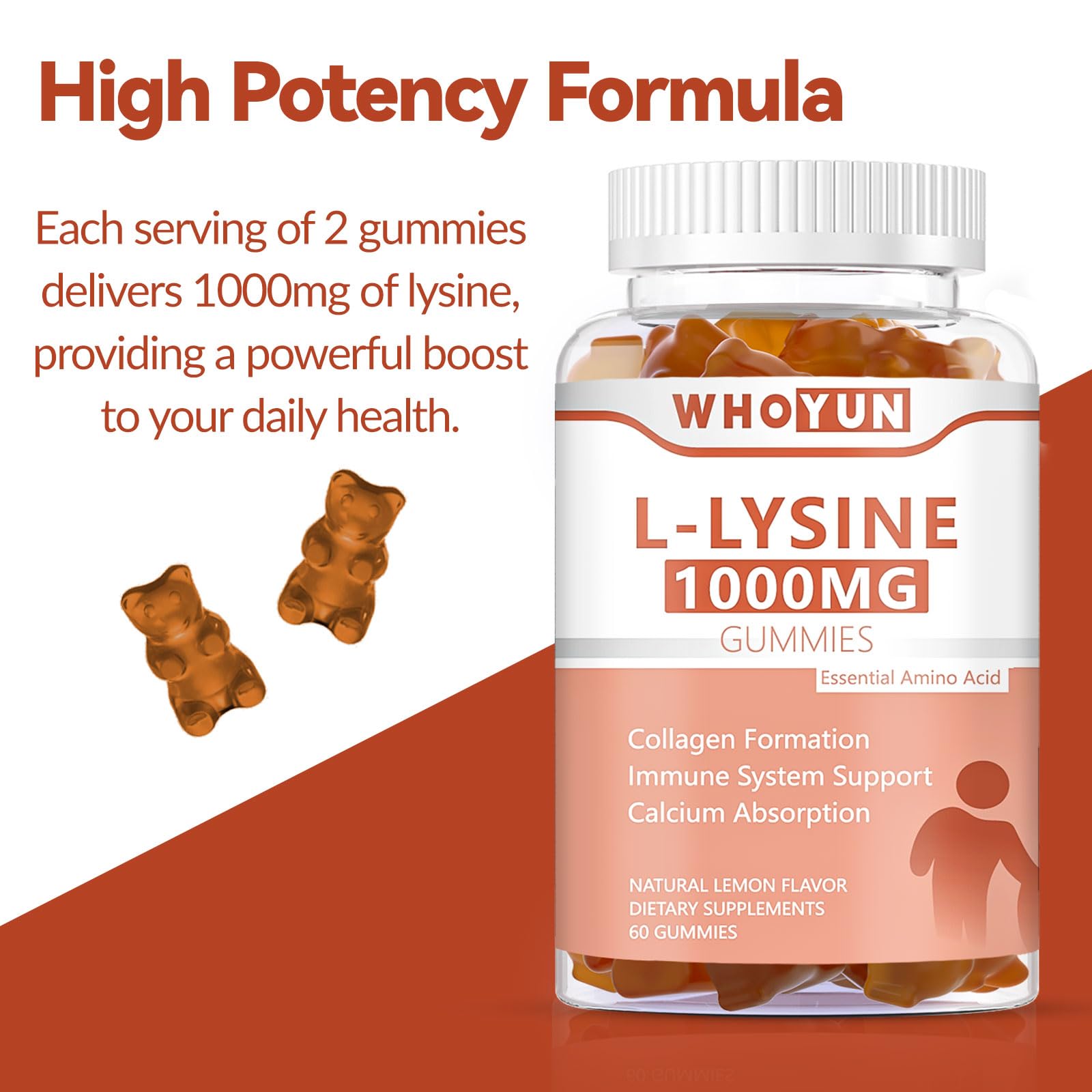 Whoyun L-Lysine gummies closeup highlighting lemon flavor and chewy texture