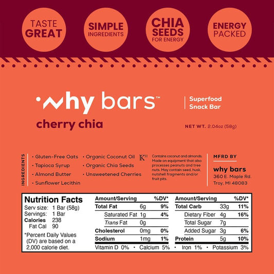Why Bars Cherry Chia packaging on shelf highlights gluten-free snack options.