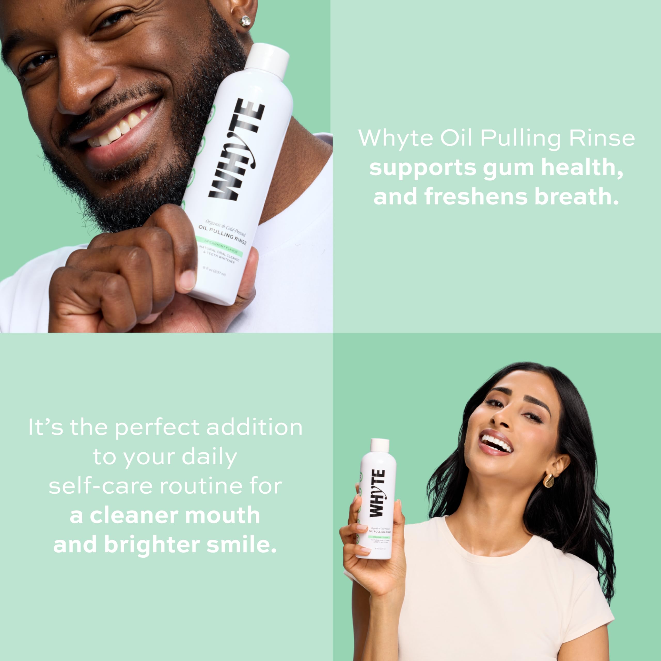 Whyte coconut oil pulling mouthwash spearmint leaves close-up highlighting fresh aroma.