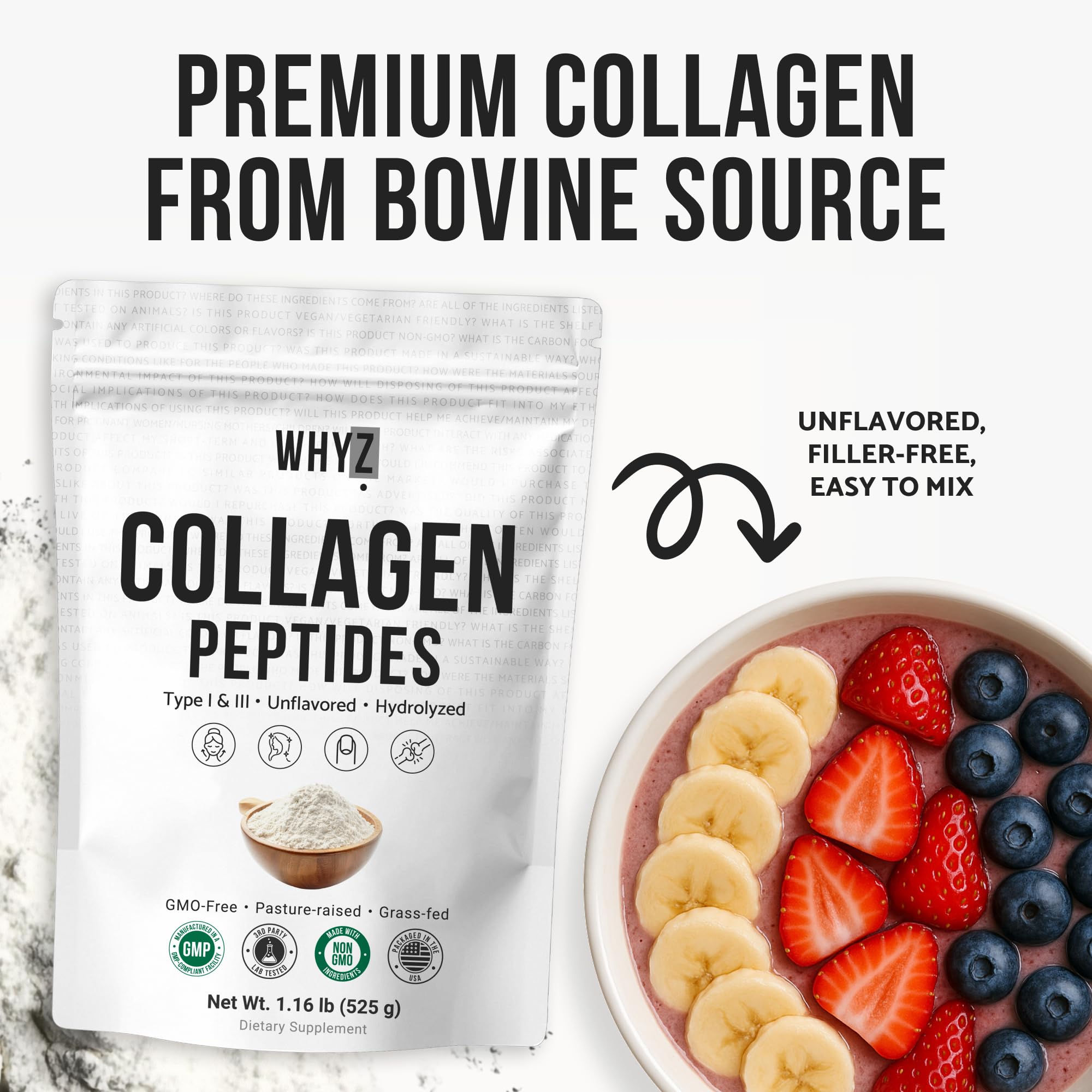 WHYZ collagen powder blended into smoothie for a neutral texture