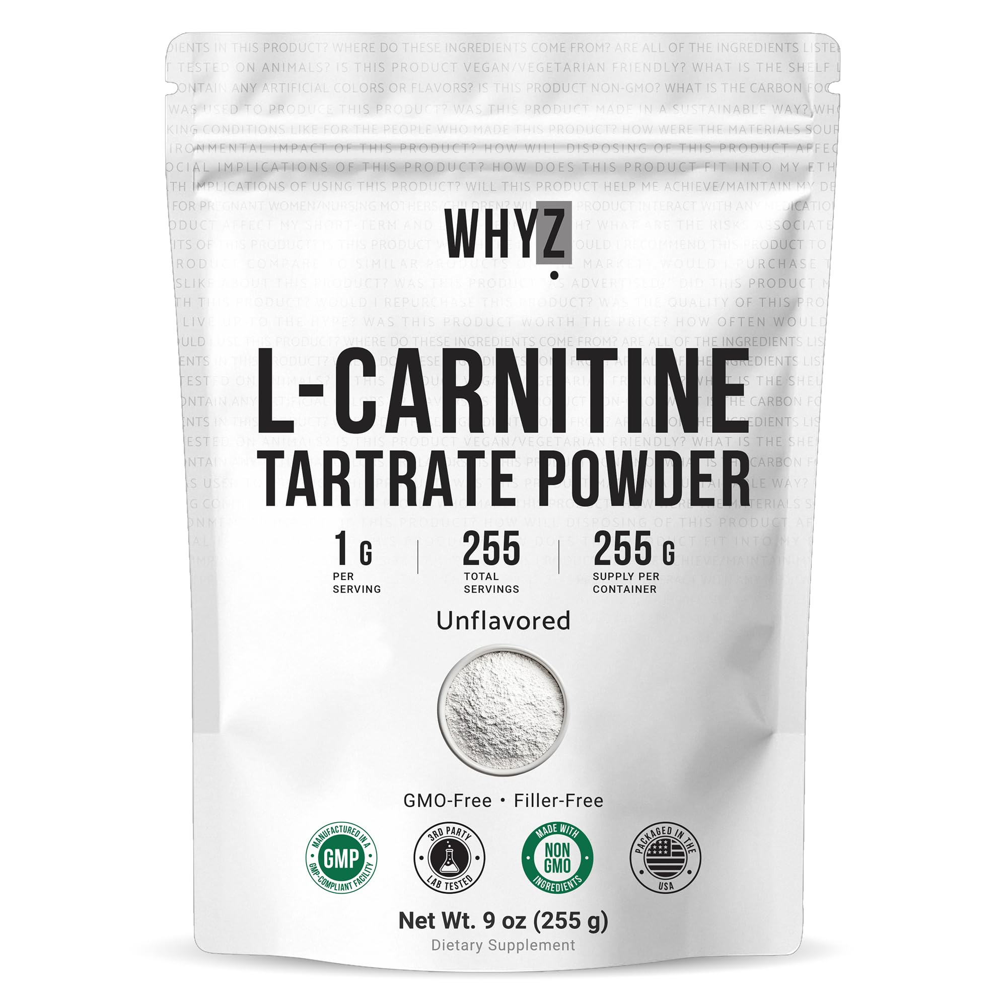 WHYZ L-Carnitine Tartrate Powder bottle, neutral flavor for easy daily use.